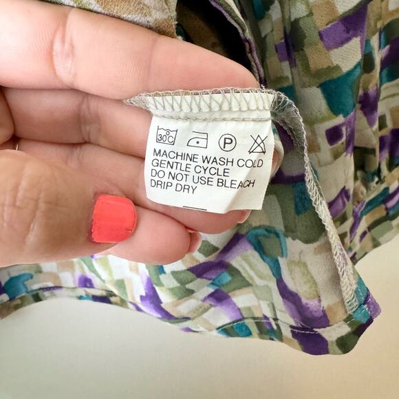 Bleyle VINTAGE teal purple cream block abstract print button up blouse LARGE - Picture 5 of 7